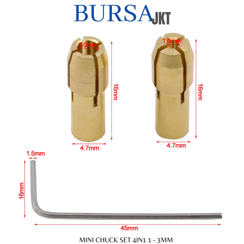 KEPALA BOR DRILL CHUCK MINI 1 - 3 MM BAHAN TEMBAGA KUNINGAN 4IN1