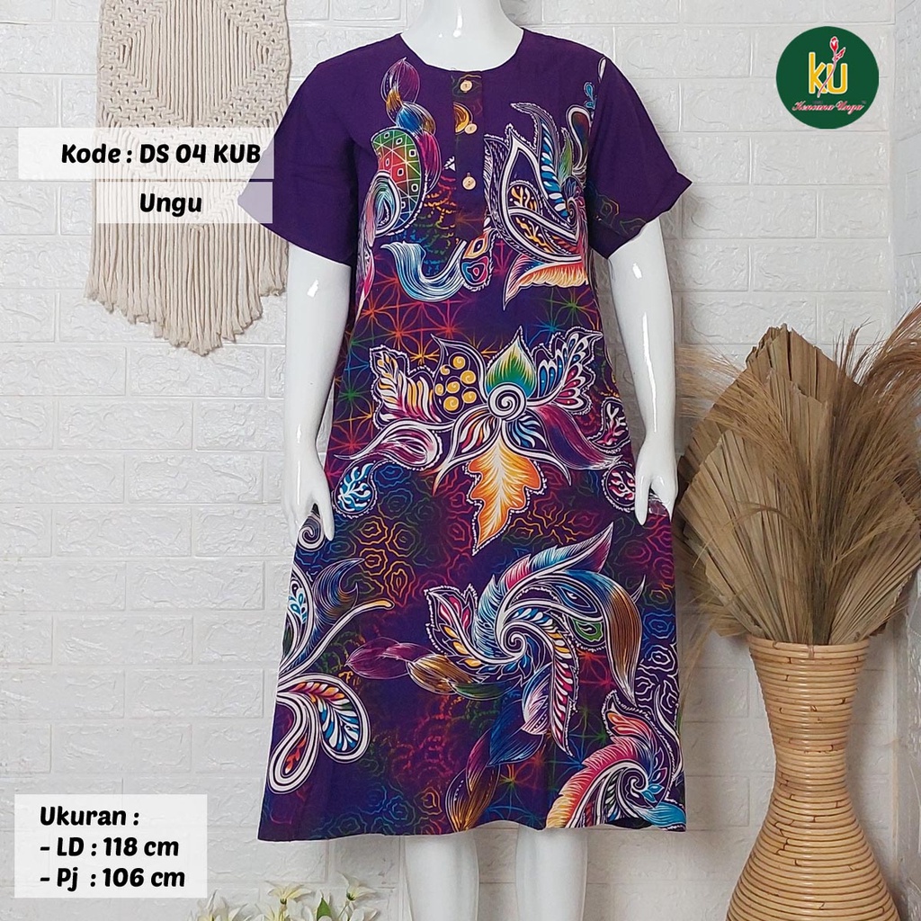COD DS04 KUB | Daster Batik Kencana Ungu Asli Label Biru Uk. Jumbo LD 120 cm | Baju Santai Tidur Wanita Dewasa Kancing Depan Busui Friendly Motif Terbaru-Ungu H