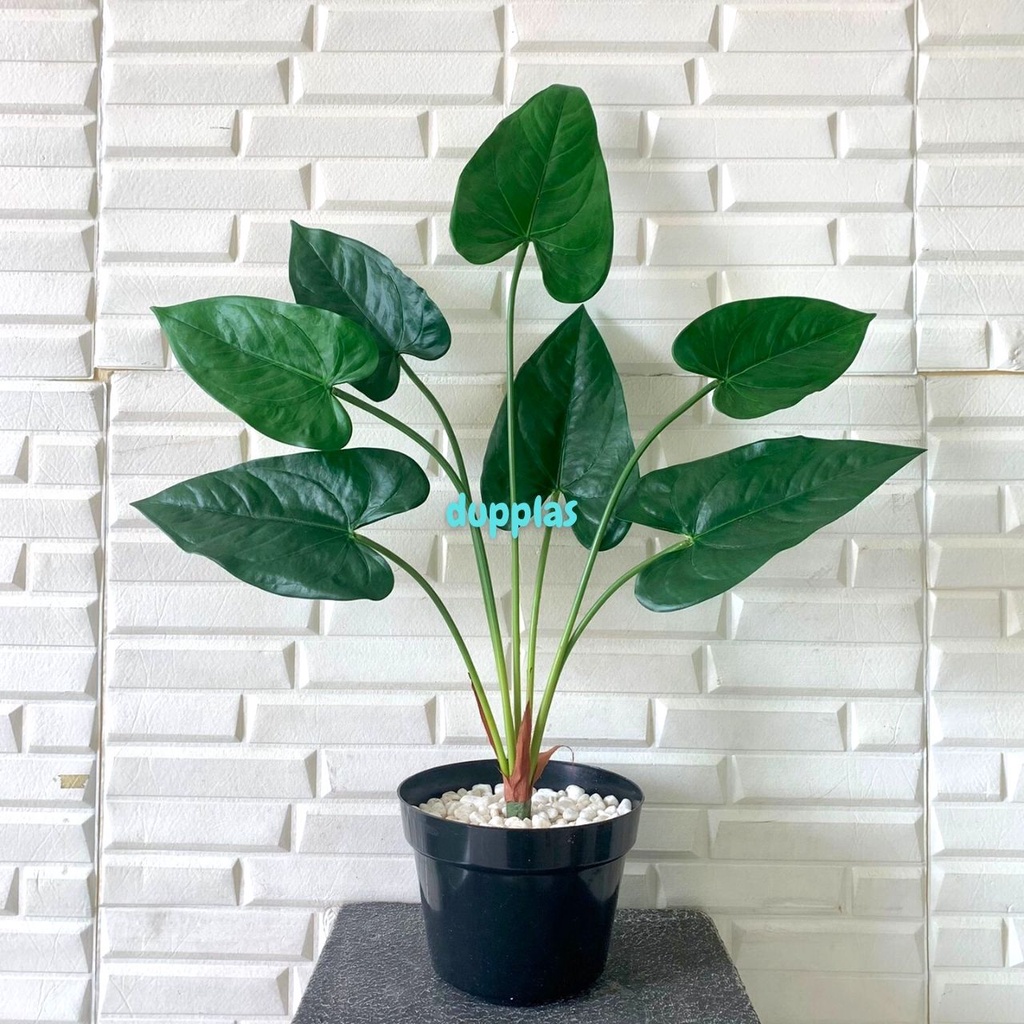 Pohon Daun Talas X7 Latex Artificial Pot Dasar Hitam Plastik Tanaman Hias Dekorasi Pajangan Ruangan 