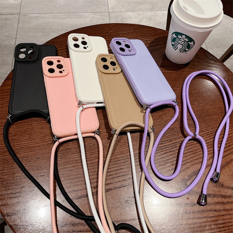 Case Bahan Kulit Warna Solid Dengan Lanyard Anti Hilang Untuk iPhone 13 12 11 Pro X XS MAX XR SE2 7 8 Plus