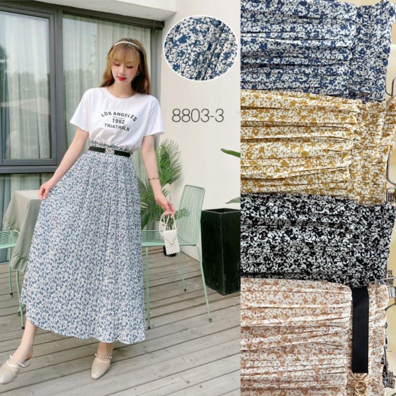 Korean Chiffon Flower (8803-3) Pleated Long Skirt Premium