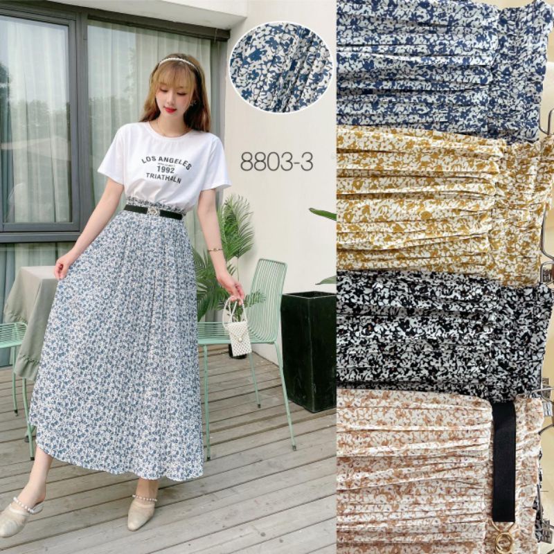 Korean Chiffon Flower (8803-3) Pleated Long Skirt Import Premium