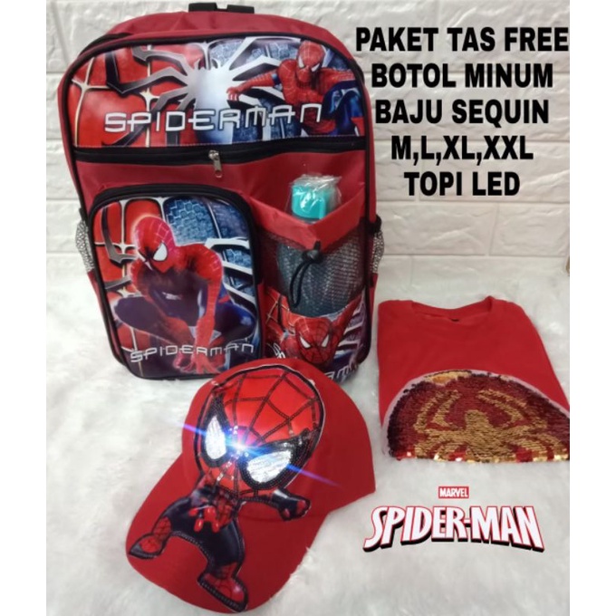 RANSEL TAS ANAK LAKI LAKI KARAKTER SPIDERMAN/BAJU SEQUIN/TOPI /JAM TANGAN SPIEDER/FREE BOTOL MINUM 4In1