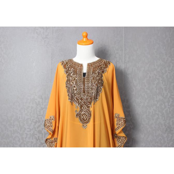 Kaftan Modern Gamis Kaftan Sifon Ceruti Bordir Lebaran Kuning Gold U57 Murah