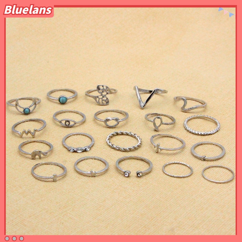 20pcs / Set Cincin Knuckle Desain Gajah Daun Aksen Berlian Imitasi Gaya Bohemia Untuk Aksesoris