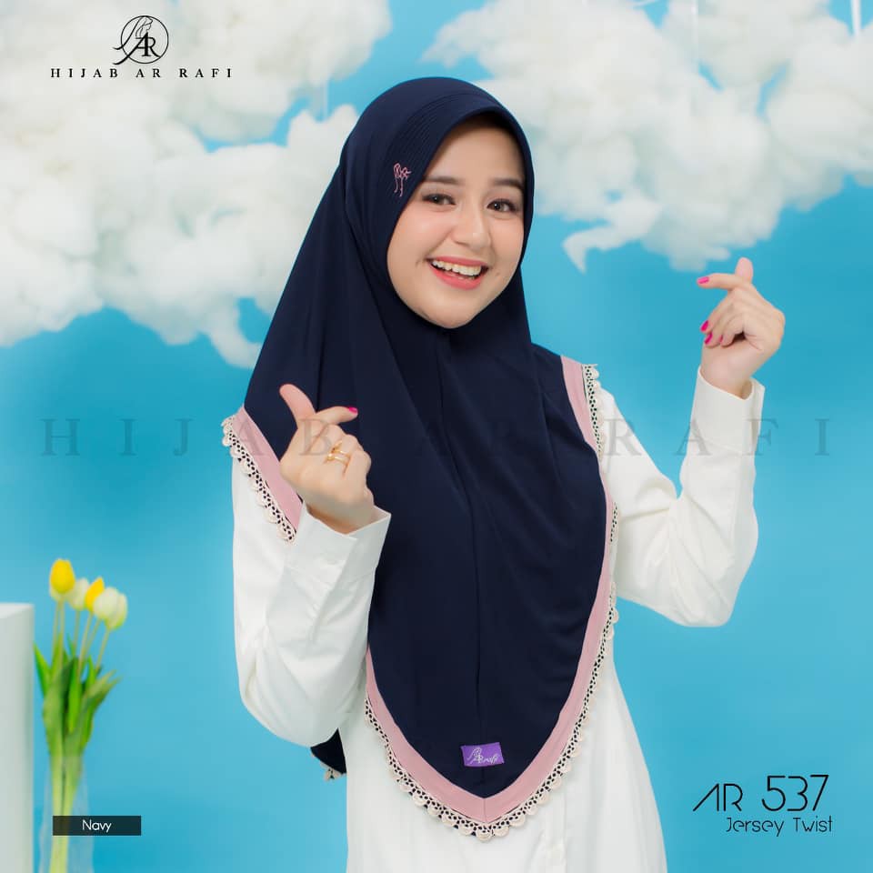 Terbaru ✔️COD ✔️ Jilbab Instan by Arrafi Hijab AR 537 Jilbab instan aksen renda tepi-navy