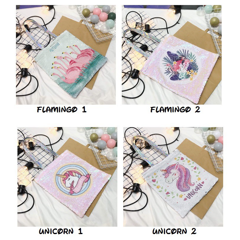 Tote Bag Sequin Unicorn Flamingo Besar TU012 tas les