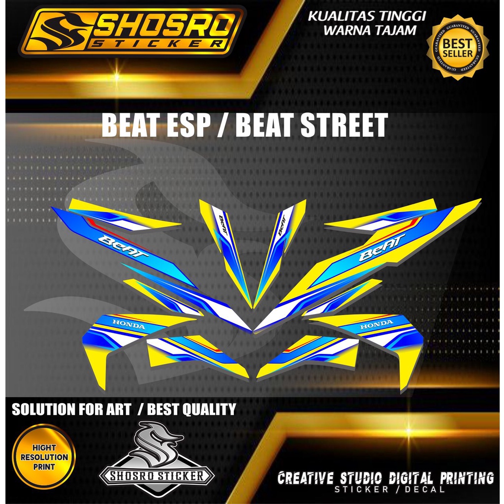 NEW DEDAL STIKER STRIPING VARIASI MOTOR HONDA BEAT ESP/BEAT STRET KUNING VARIASI POLET BIRU SIMPLE H