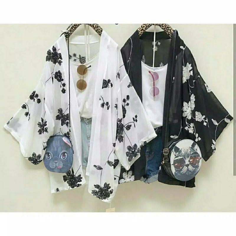 cardy kimono kardigan pantai lengan panjang putih hitam outer wanita