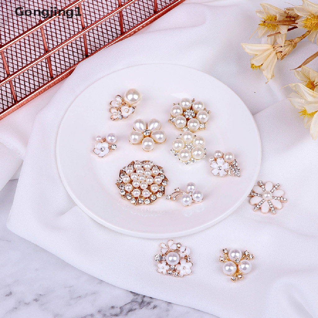 Gongjing1 10pcs Kancing Mutiara + Berlian Imitasi Flatback Untuk Kerajinan Tangan