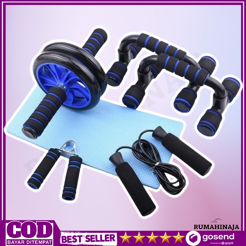 Set Alat Olahraga Gym Fitness Roller PushUp Bar Jump Rope Matras 5 in 1  Perlengkapan fitnes