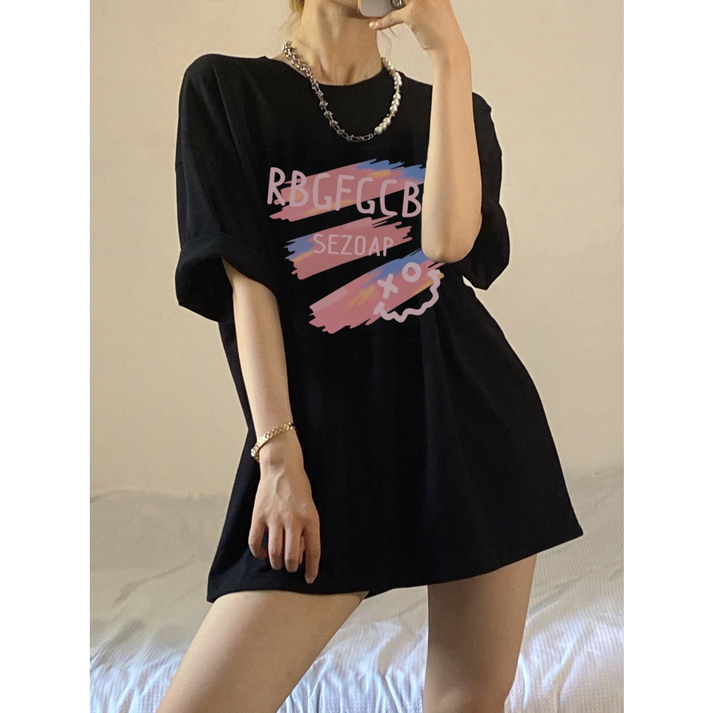 baju atasan wanita korean style letters graphic printing kaos import oversize hitam t shirt