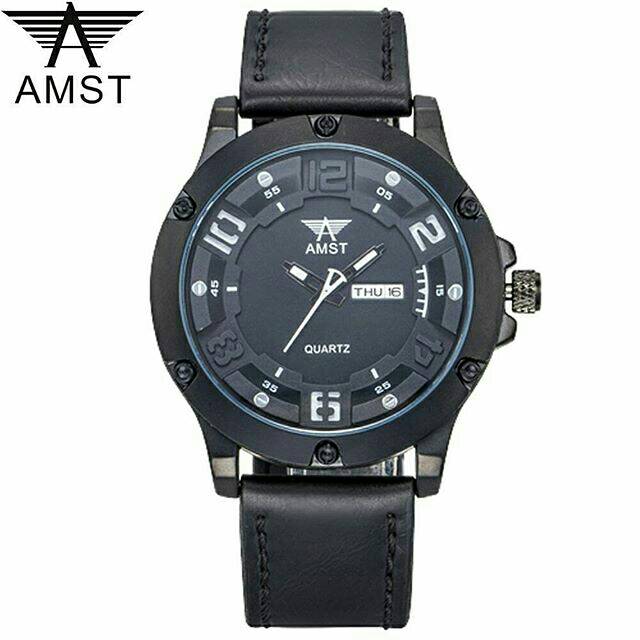 AMST Jam Tangan Analog Kulit Pria - AM3024 - Black/Black