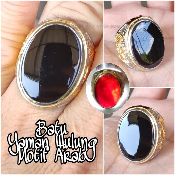 CINCIN BATU AKIK NATURAL YAMAN WULUNG HITAM PEKAT - KECUBUNG API SENTER MERAH MOTIF ARAB