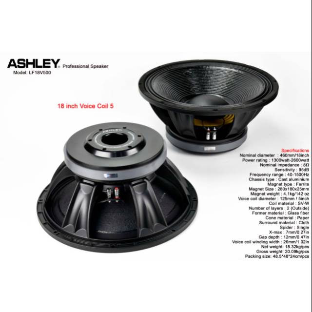 SUBWOOFER 18 ASHLEY LF18V500 VOICE COIL 5 INCH 1300-2600 WATT