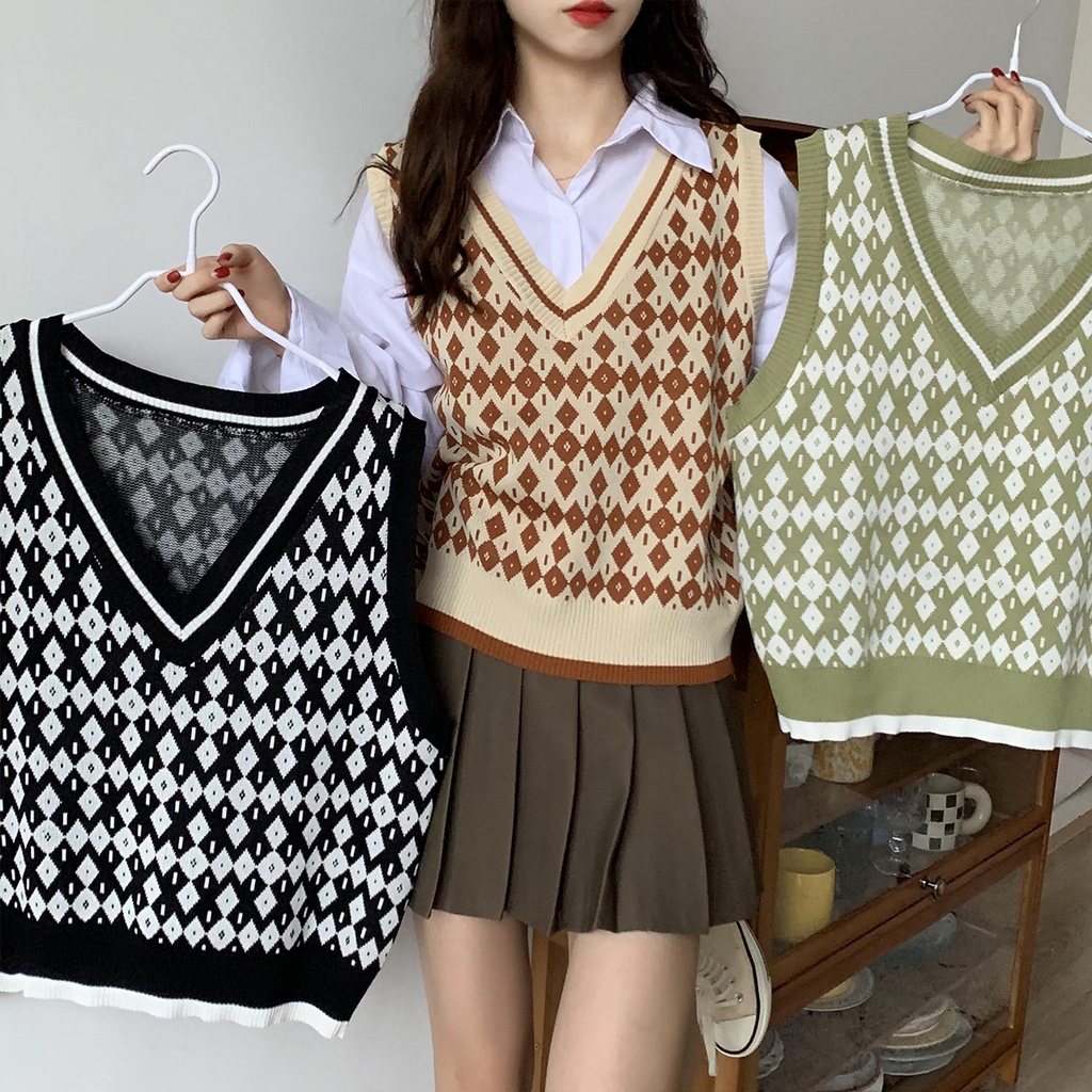 Rompi Rajut Korea Style Baru Wanita V-neck Knit Vest Atasan Tanpa Lengan