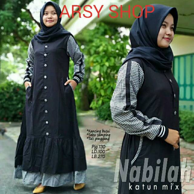 Gamis Cantik Nabilah Katun Rumbai Mix Kotak Kecil
