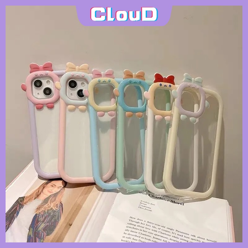 Casing Oppo A15 A54 A16 A96 A16s A15S A57 2022 A16 A76 A55 A31 A9 A5 2020 A36 A11 Cute Cartoon Macaron Candy Color 3D Bow-knot Little Monster Lens Clear Soft TPU Cover