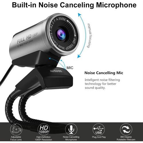 Webcam ausdom wired usb 2.0 12mp 1080p Full HD 30fps with microphone aw615 - camera Pc cpu laptop FHD mic 30 fps aw-615