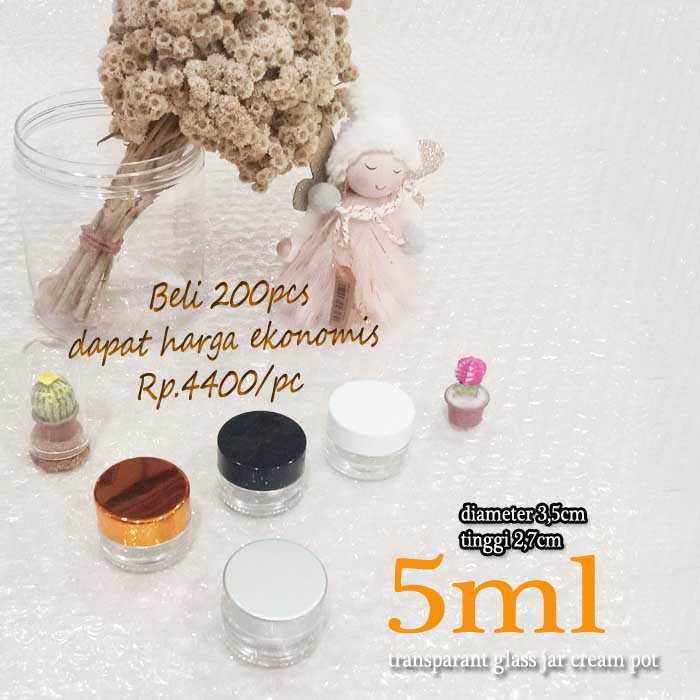 Botol Kosmetik 5ml Jar Kaca Bening 5gr Pot Cream Pot Krim Tutup Hitam/Putih Botol Serum Botol Safron