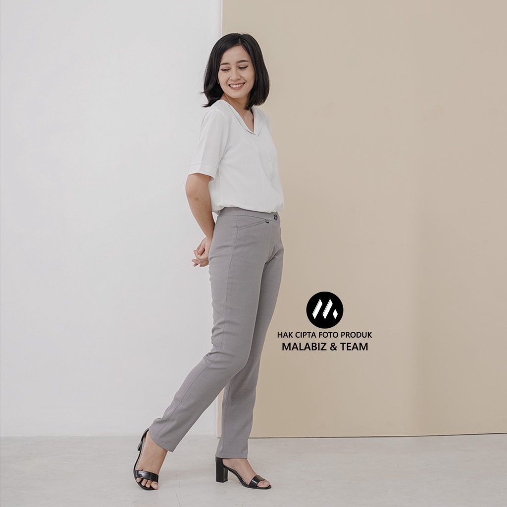 SHANNON LIGHTGREY - Celana Kantor Wanita Slim Fit Bahan Stretch dan Tebal Celana Formal Wanita Celana Panjang wanita Hitam Celana Dasar Wanita Basic Standar Kerja Malabiz