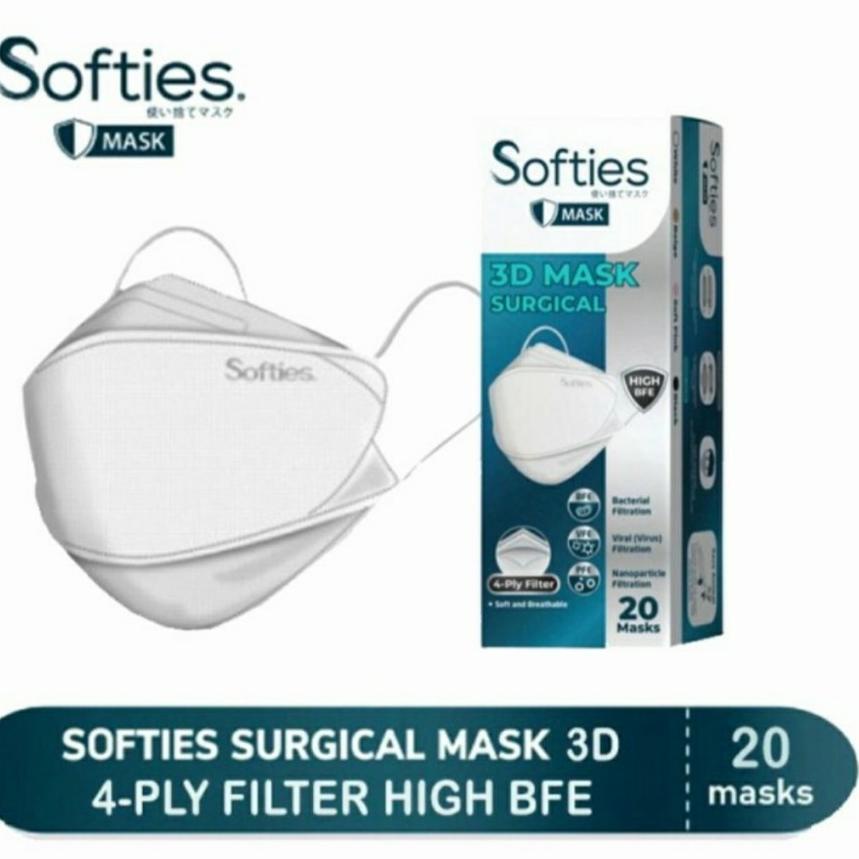 Softies Surgical Mask 3D 4ply Isi 20pcs Warna Putih | Masker Medis KF94