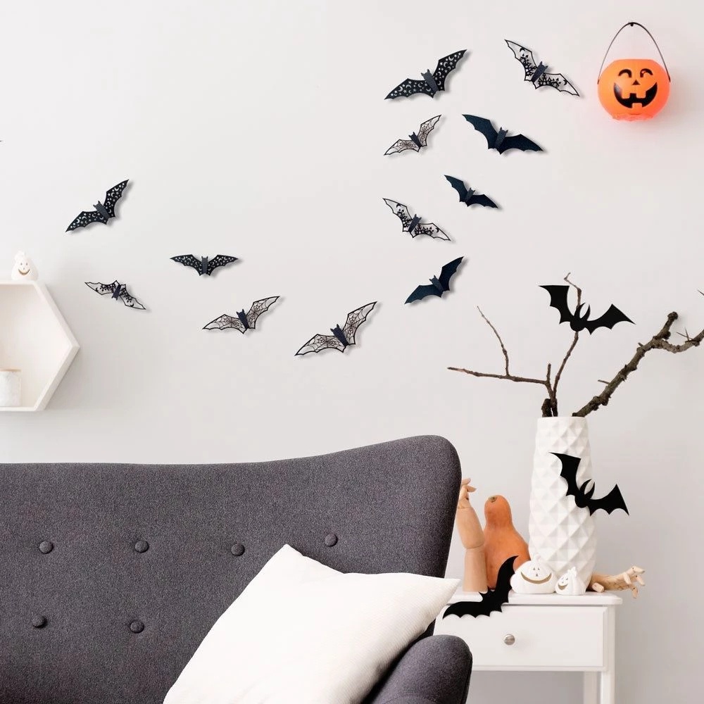 12pcs / set Stiker Dinding 3D Desain Kelelawar Hollow Bahan Kertas Warna Hitam Untuk Dekorasi Halloween