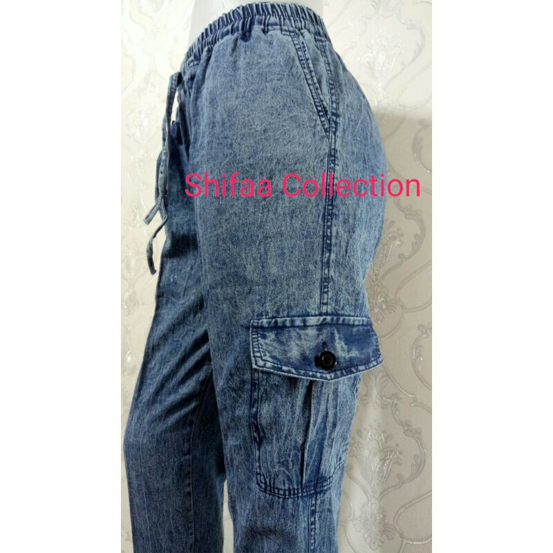 Celana Wanita Agnes Cargo Joger Snow - Shoft Jeans (Standar BB 40-60 kg dan Jumbo BB 60-80 kg)