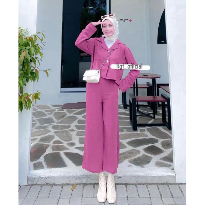 ONE SET CROP TOP BLEZER || KEMEJA CROP CRINGKLE || SET WANITA-RASPBERRY
