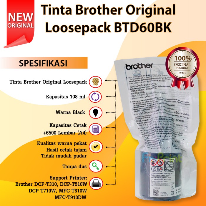 Tinta Refill Brother Original Loosepack BT5000 BTD60BK bt5000 btd60bk