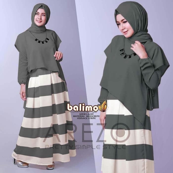TRENDY Pakaian wanita muslim syari setelan ramadhan lebaran gamis dress maxi maxy muslim garis garis