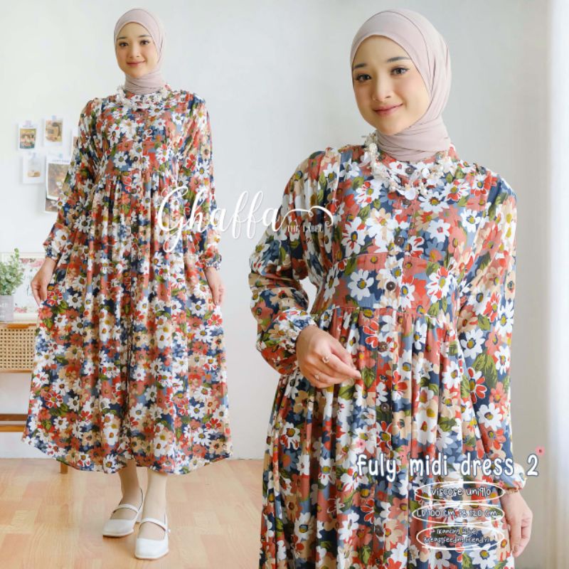 FULY MIDI DRESS BY GHAFFA THE LABEL / MIDI WANITA MUSLIMAH / motif bunga rayon viscose uniqlo