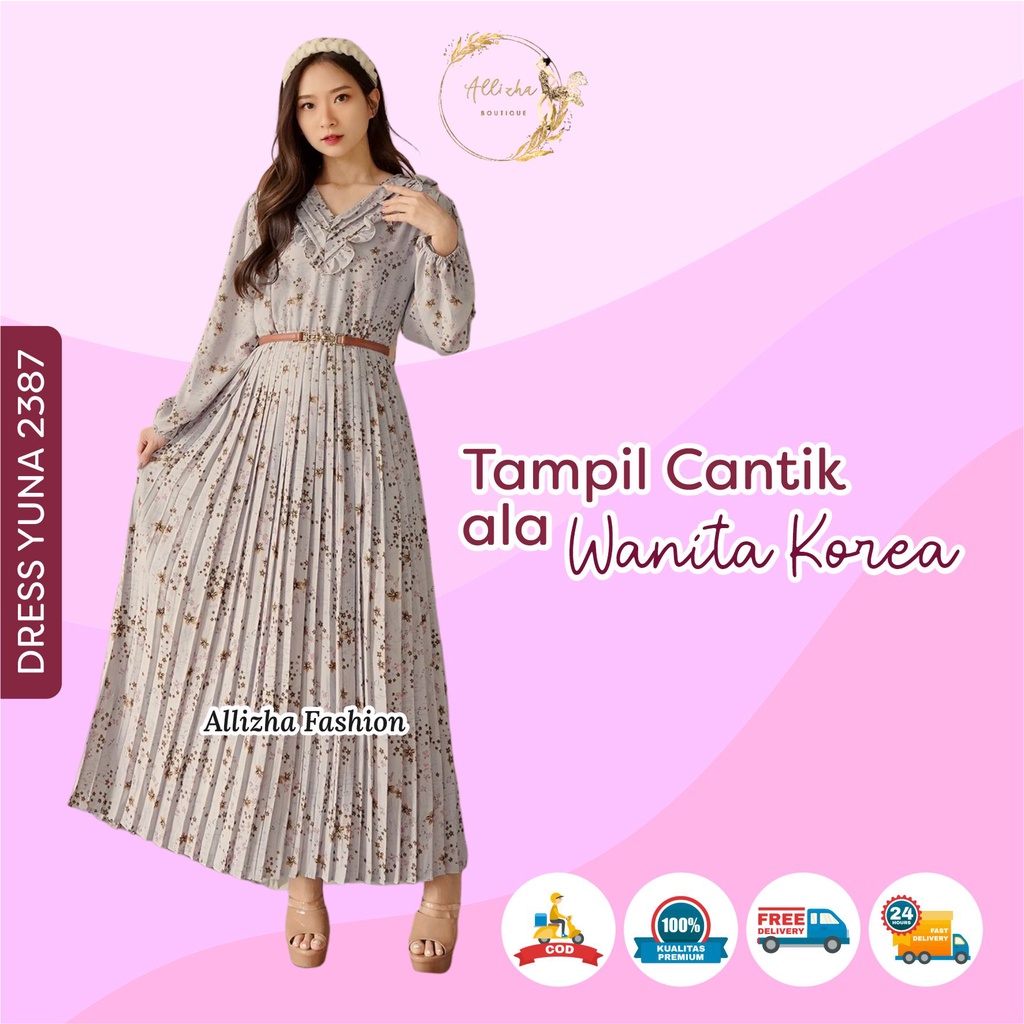 Dress Yuna 2387 Gamis Plisket Free Belt Model Korean Style Ootd Kekinian By Allizha Fashion