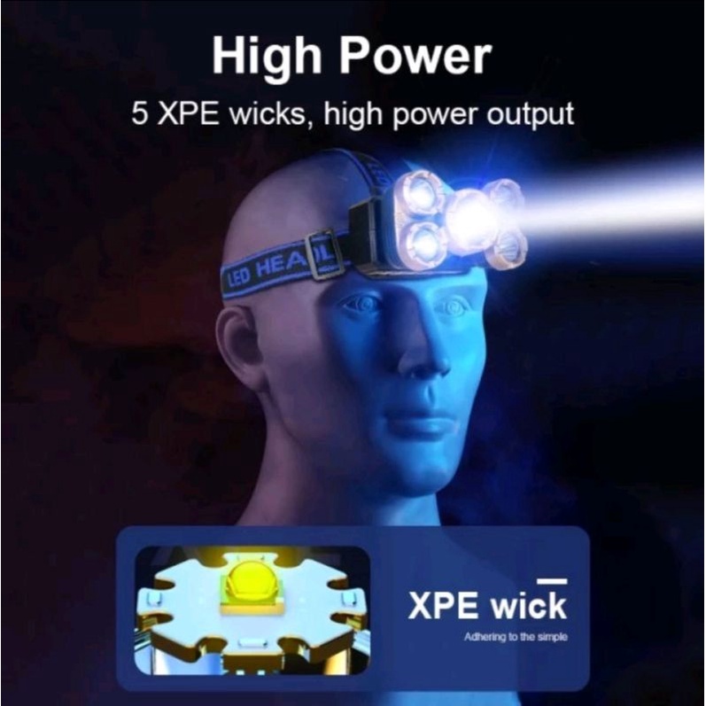 Senter Kepala 5 LED 4Mode Rechargeable USB Waterproof Anti hujan Super Terang / Head Lamp 5 Light