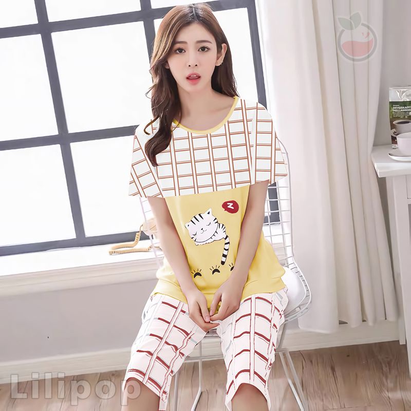 SUNCHERY COD BAJU TIDUR 3/4 ALL SIZE/BABYDOLL KEKINIAN MURAH/SLEEPWEAR WANITA-KOTAK CAT KUNING