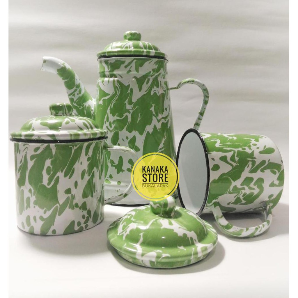 Order Now Set Teko & Cangkir Mug Gelas Blirik Blurik Lurik Enamel Seng Jadul Kuno Vintage Retro