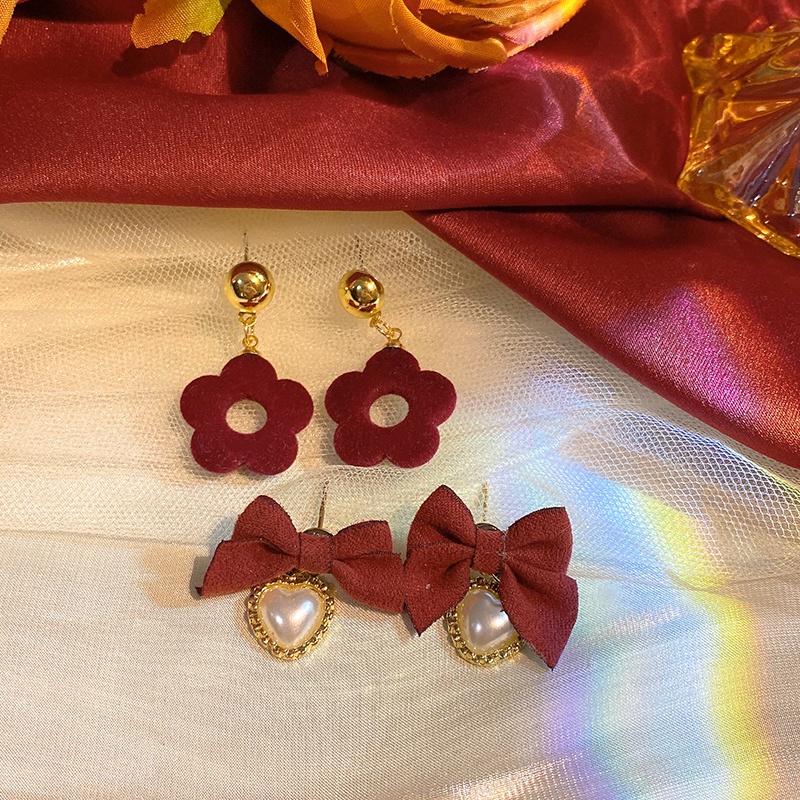 Anting Stud Hias Mutiara Warna Merah Gaya Vintage Korea Untuk Wanita