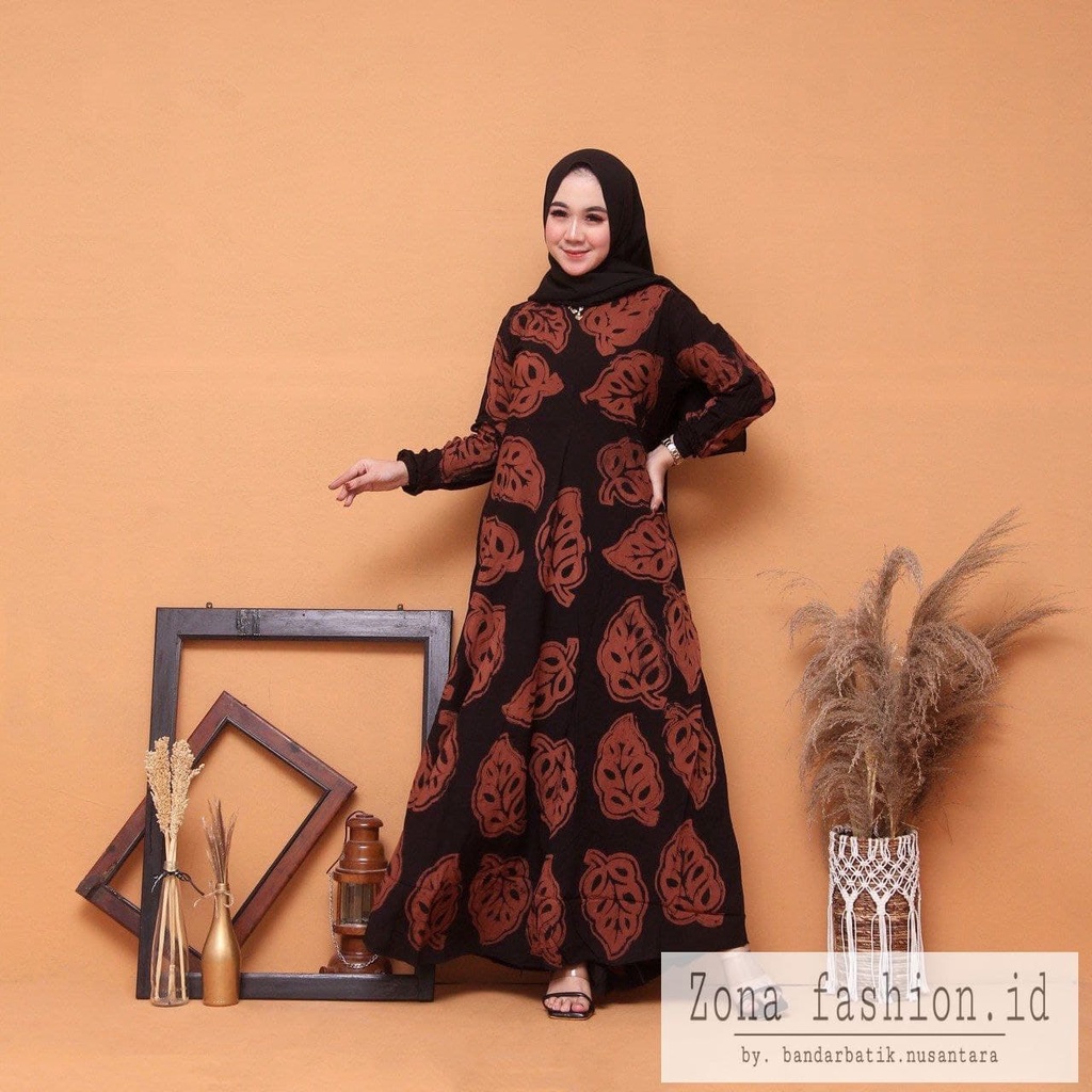 ZONA Baju Gamis Wanita Terbaru dress wanita Muslim Rayon Premium Gamis Bermotif Batik abstrak-Janbol Coklat