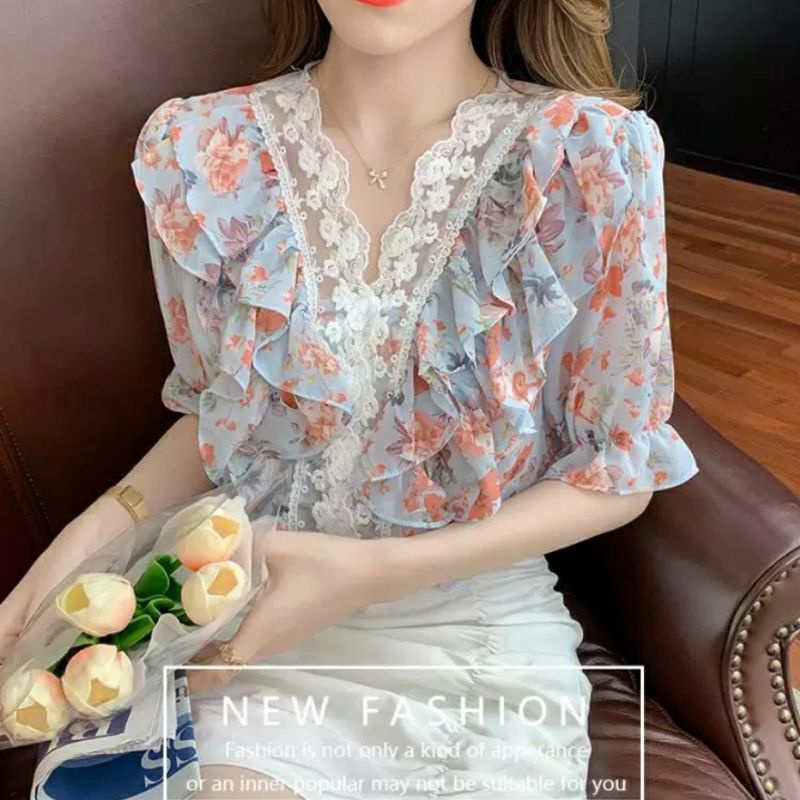 MDLV ~ 2422# Darrena Ruffle Top Sifon Blouse Flower Blouse Korea Fashion Import