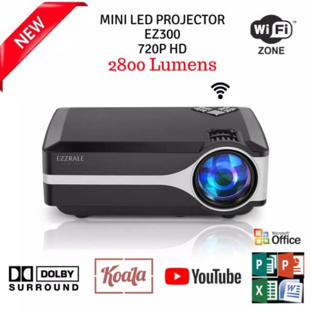 Ezzrale EZ300 Mini Led ProjectorYoutube Koala Miracast Version 2900 Lumens (120 ANSI) Garansi 1 TH
