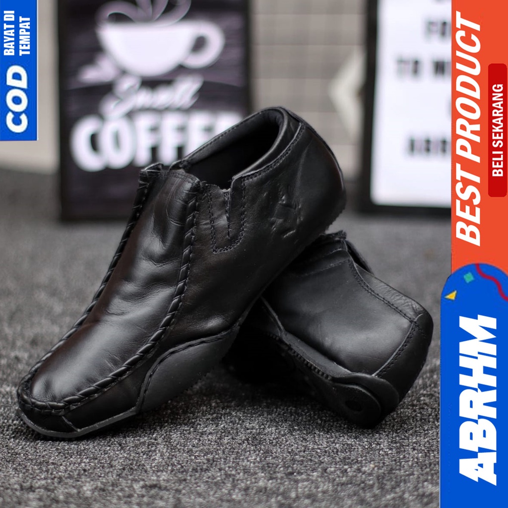 Sepatu Formal Pantofel Kulit Asli Kerja Pria Hitam ABRHM ELIF