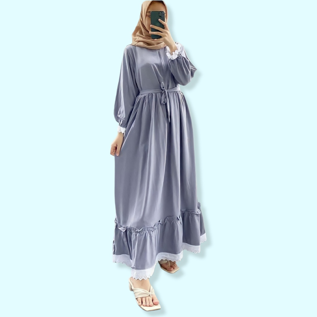 Baju Gamis Dress Lebaran Hitam Wanita Remaja Jumbo Ld 120 130 140 Terbaru Kekinian RELINA-Grey