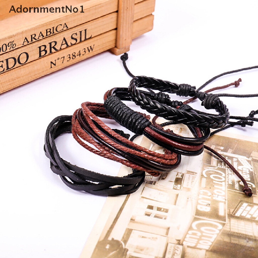 (AdornmentNo1) 4pcs / Set Gelang Tangan Tali Kulit Multilayer Motif Kepang Handmade Untuk Pria