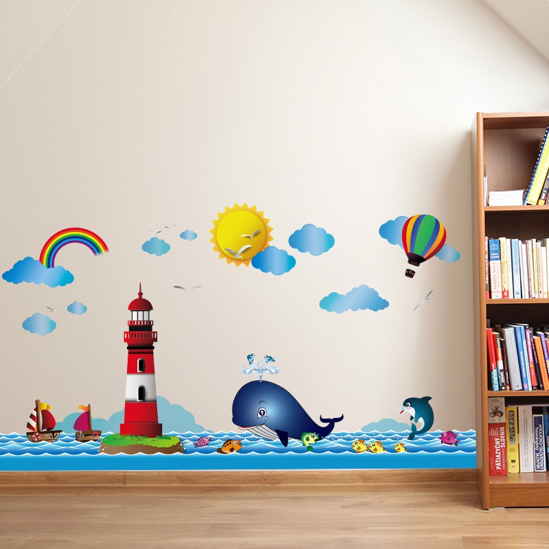 Reliza Wall Sticker Lis Ikan Paus Border Fish Lumba Lumba Awan Anak Kids Stiker Dinding LDR7252