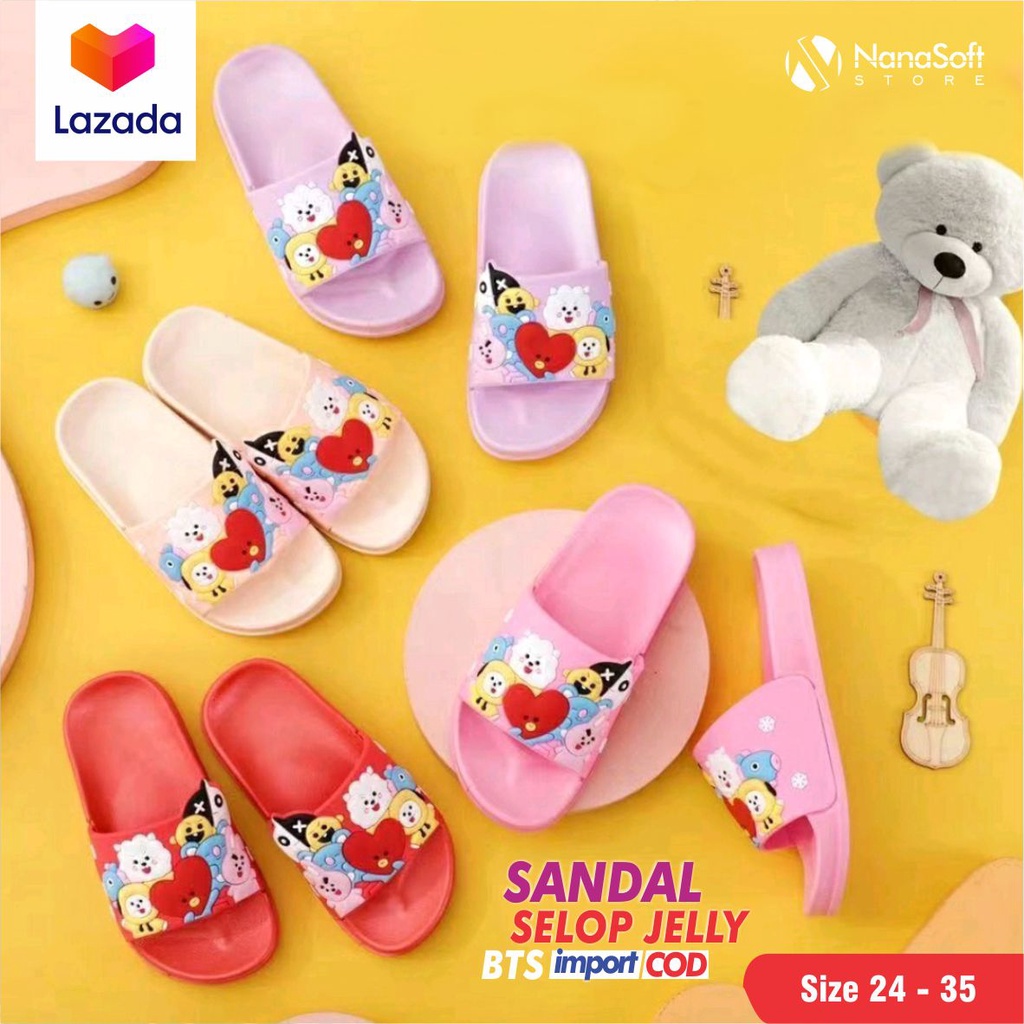 Sandal bt21 bts anak perempuan selop jelly warna merah, pink, ungu dan peach by Adreena fashion by A
