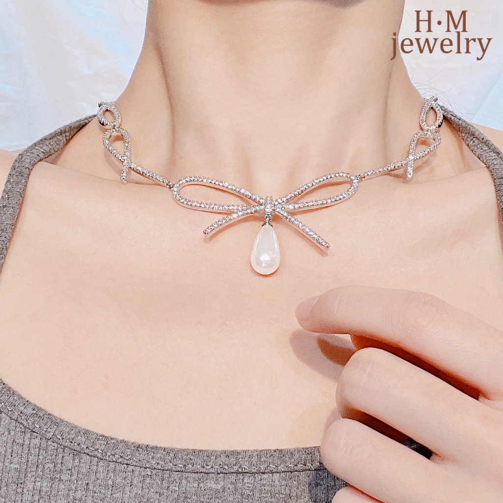 Kalung Choker Pita Kupukupu Hias Mutiara Mewah Untuk Wanita