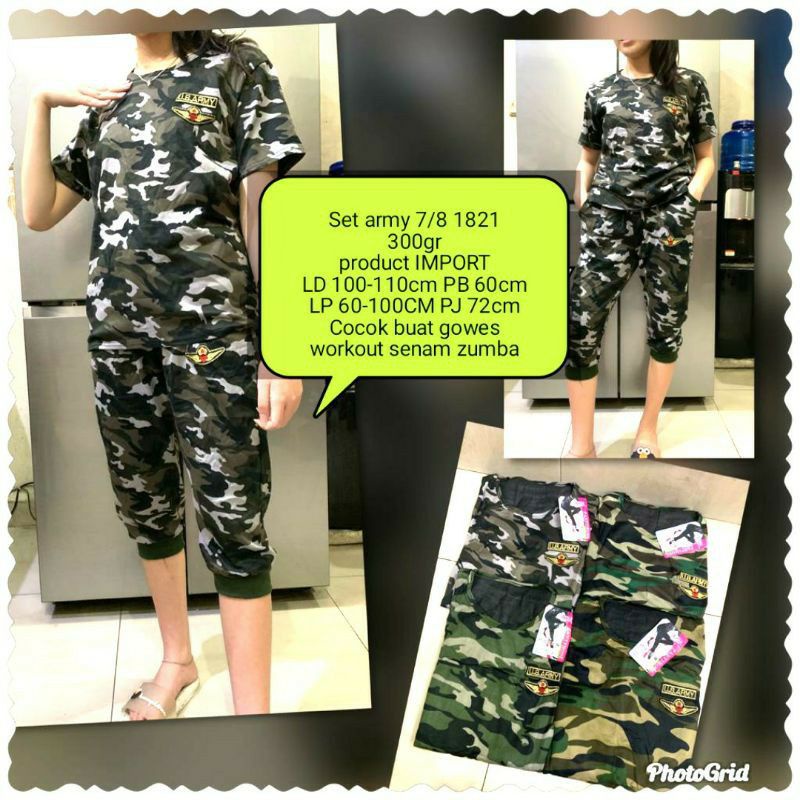 NEW set joger pendek stelan baju army logo olahraga senam loreng