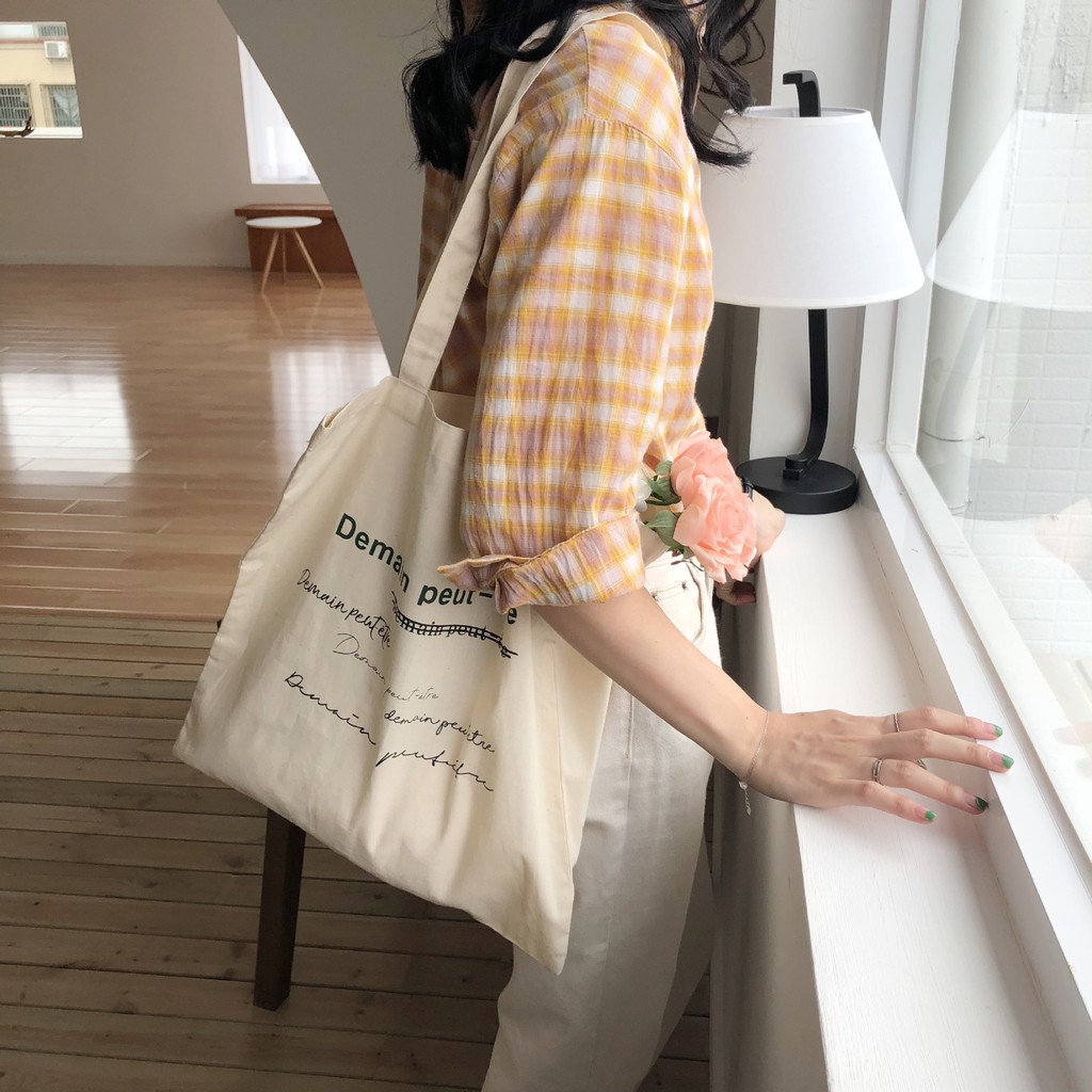 TC-47 tas kanvas canvas text wanita tote bag import jepang korea high quality