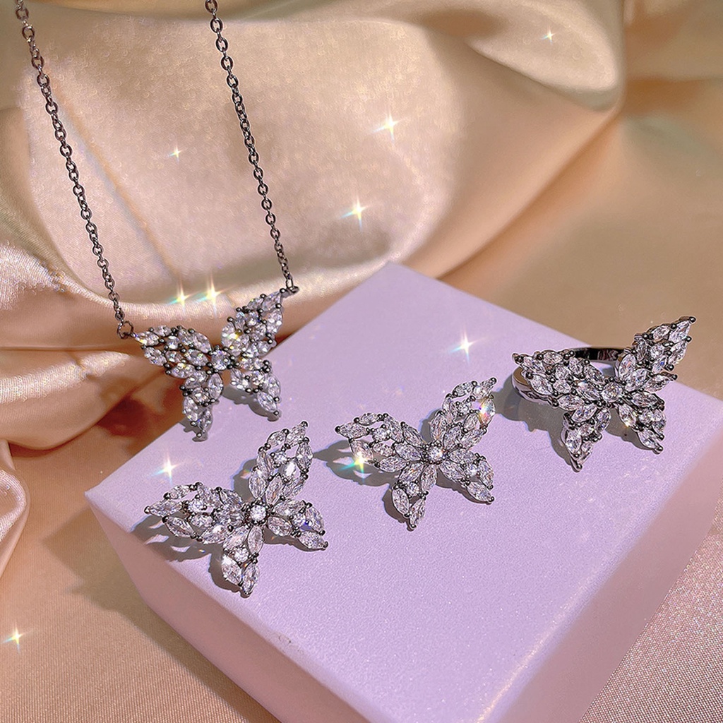 Hu Hu Hu Hu Hu Alat Bantu Pasang Kacamata♡ Kalung Anting Cincin Desain Kupu-Kupu Aksen Berlian Imitasi Untuk Wanita
