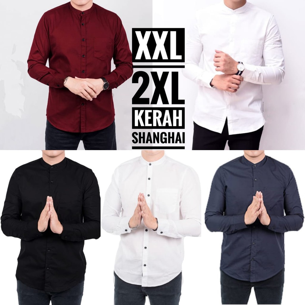 Kemeja Pria Lengan Panjang Kerah Shanghai Big Size XXL Jumbo Aneka Warna Hitam Biru Navy Maroon Puti